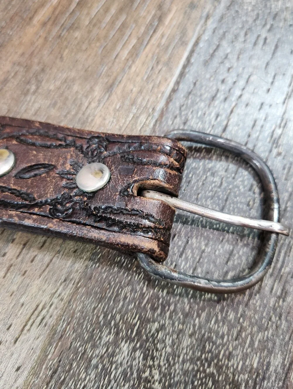Vintage Distressed Tooled Leather Cowboy Belt Braided Inlay Size 42